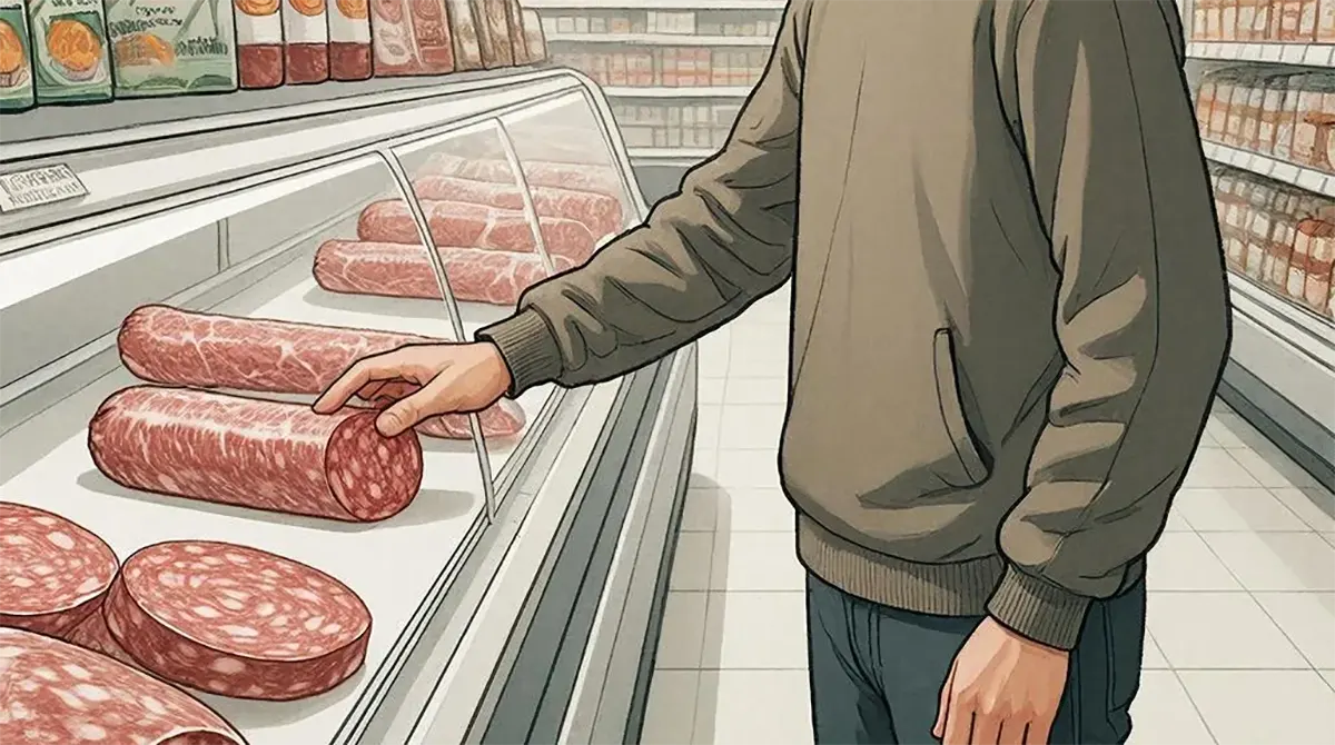 Колбаса на витрине в супермаркете