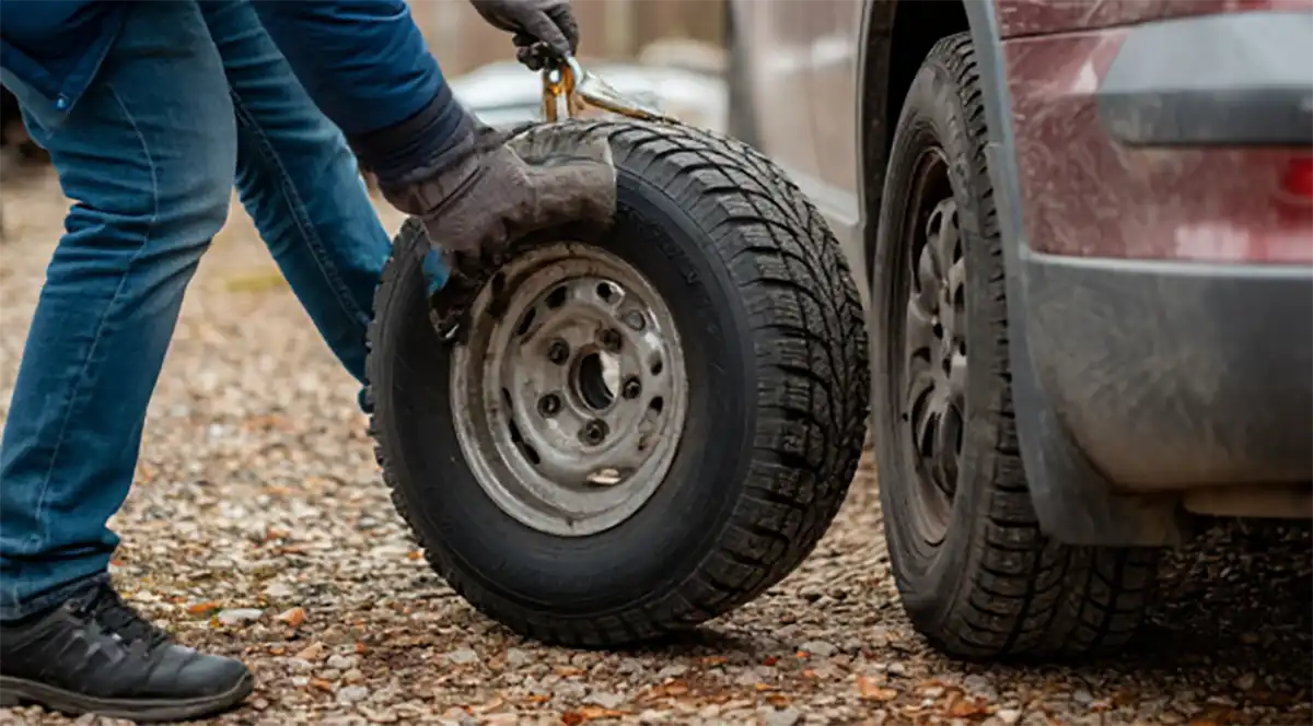 Водитель меняет колеса на машине