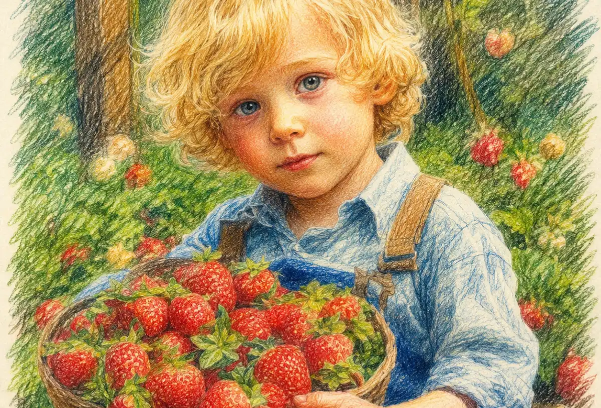 Ребенок с лукошком клубники