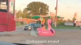В Казани записали на видео полуголого мужчину на розовом фламинго посреди дороги