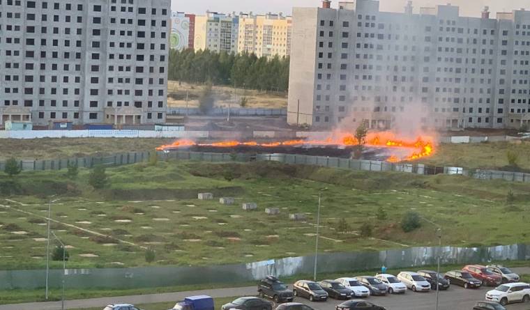 В Нижнекамске возле новостроек загорелось поле