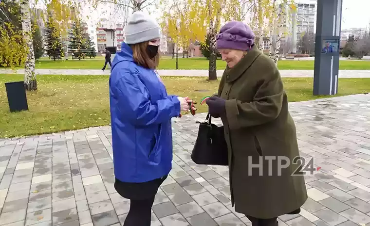 В День Конституции Татарстана в Нижнекамске волонтеры раздали ленточки РТ в парках и на улицах города