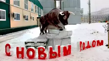 На одном из предприятий Нижнекамска создали огромную фигуру быка из снега