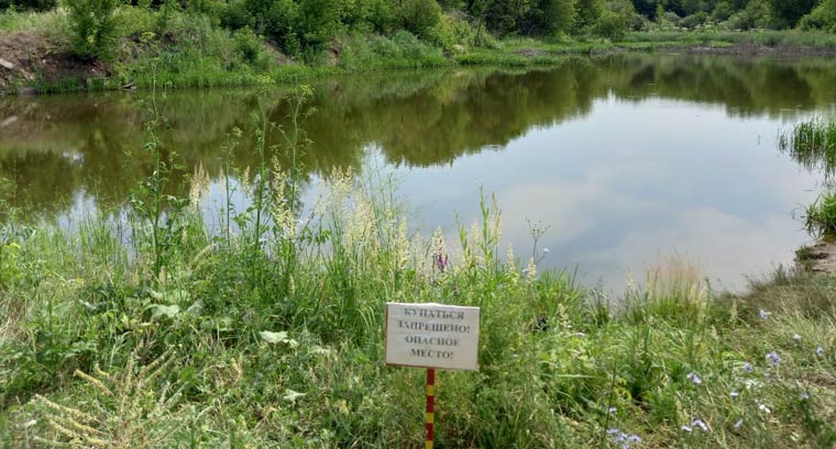 Рядом с прудом установлен аншлаг, информирующий о запрете купания в водоеме