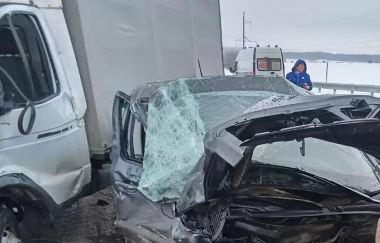 От иномарки осталась груда металла в результате столкновения с грузовиком на трассе в Татарстане