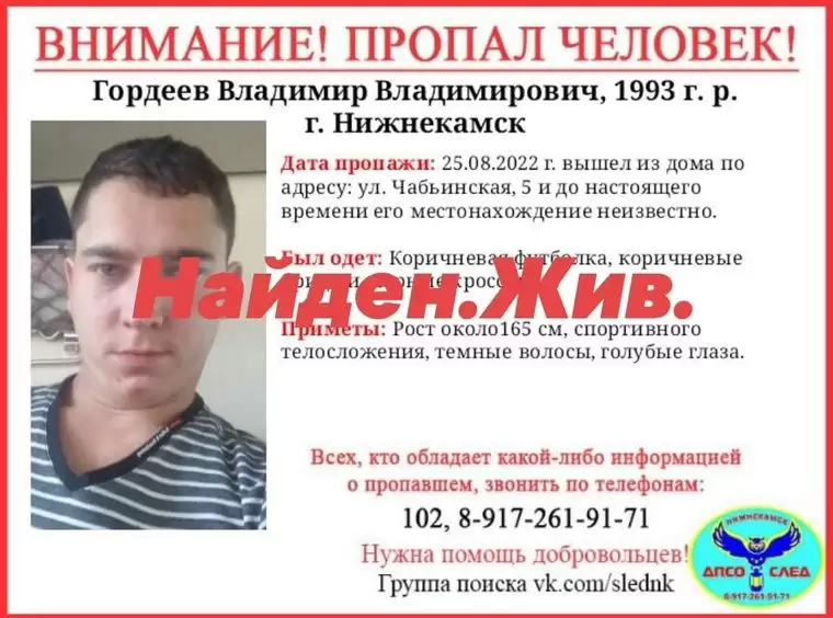 Найден пропавший житель Нижнекамска Владимир Гордеев