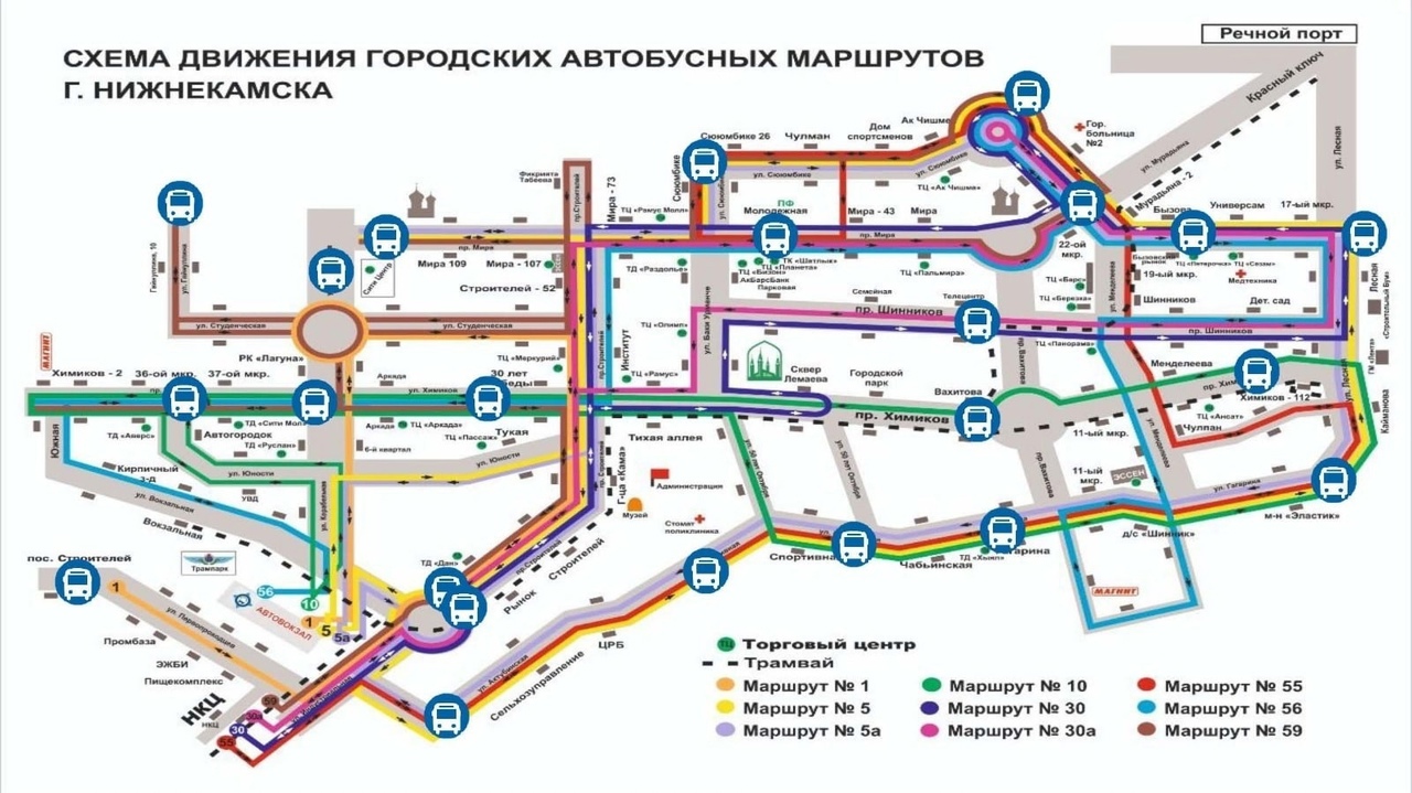 Карта-схема движения городских автобусных маршрутов Нижнекамска в 2023 году: № 1, 5, 5А, 10, 30, 30А, 55, 56, 59