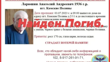 Пропавший в начале недели пенсионер из Камских Полян погиб