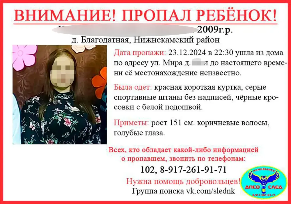 В деревне под Нижнекамском ушла из дома и пропала 15-летняя девочка