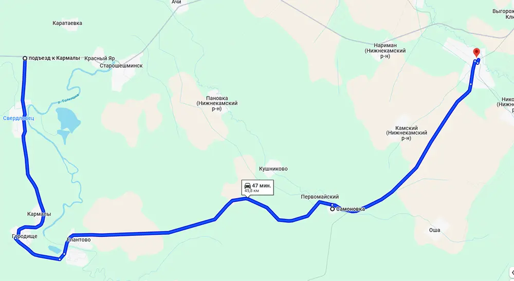 Объездной путь в случае закрытия моста через Шешму около Старошешминска // Скрин: www.google.com/maps