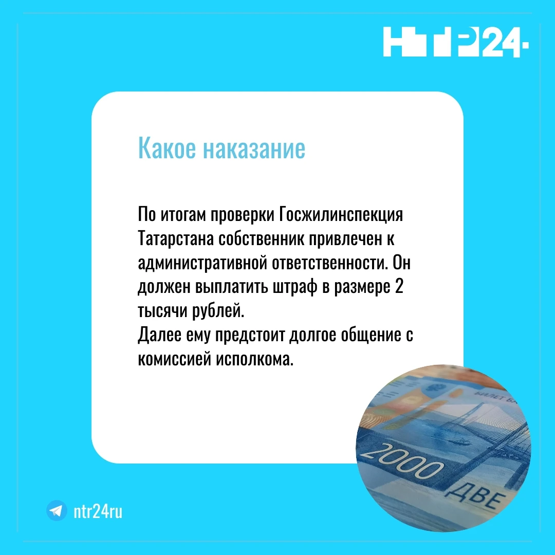 По итогам проверки Госжилинспекция Татарстана собственник привлечен к административной ответственности. Он должен выплатить штраф в размере 2 тысячи рублей.  Далее ему предстоит долгое общение с комиссией исполкома
