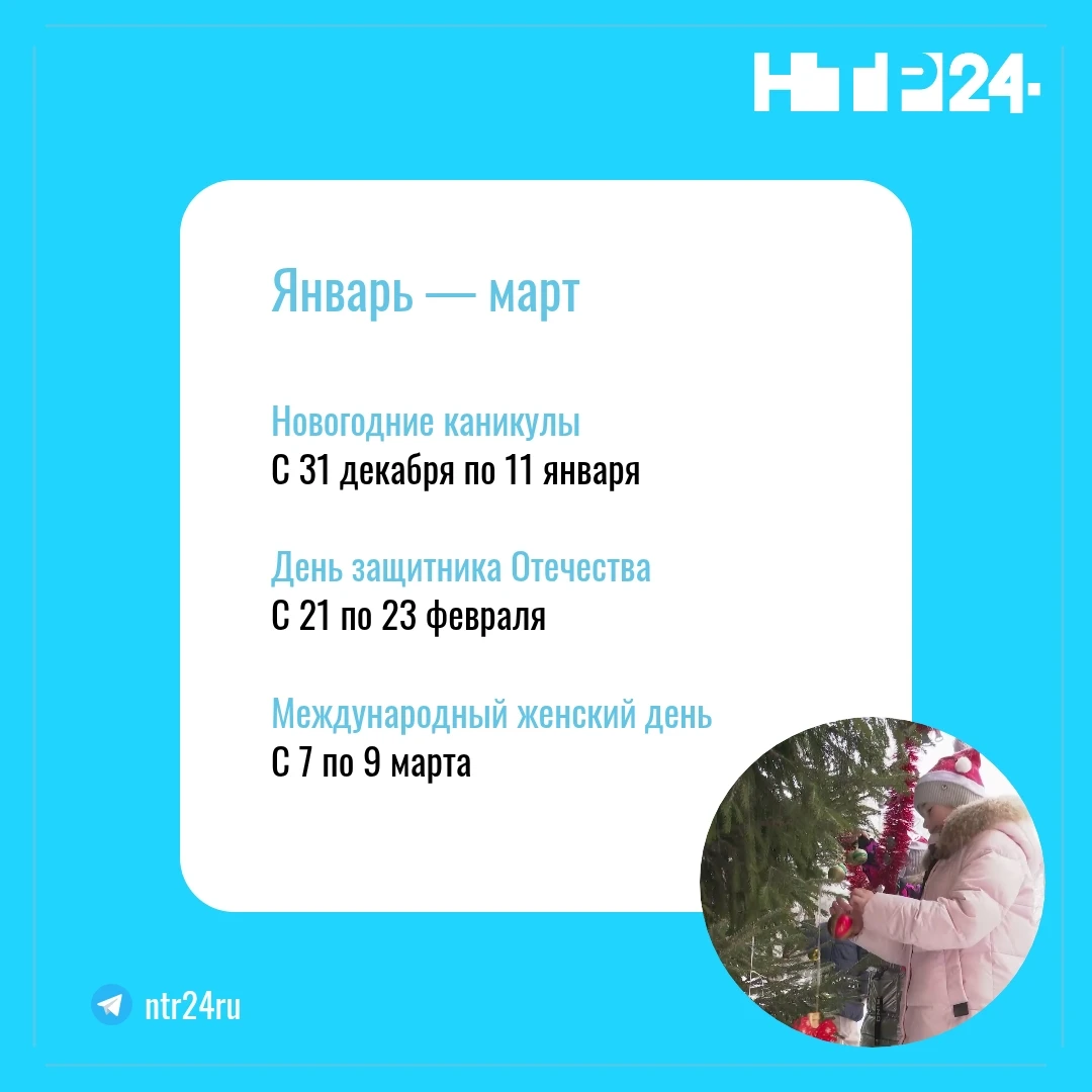 Новогодние каникулы - с 31-го декабря по 11-е января. День защитника Отечества - с 21-го по 23-е февраля. Международный женский день - с 7-го по 9-е марта