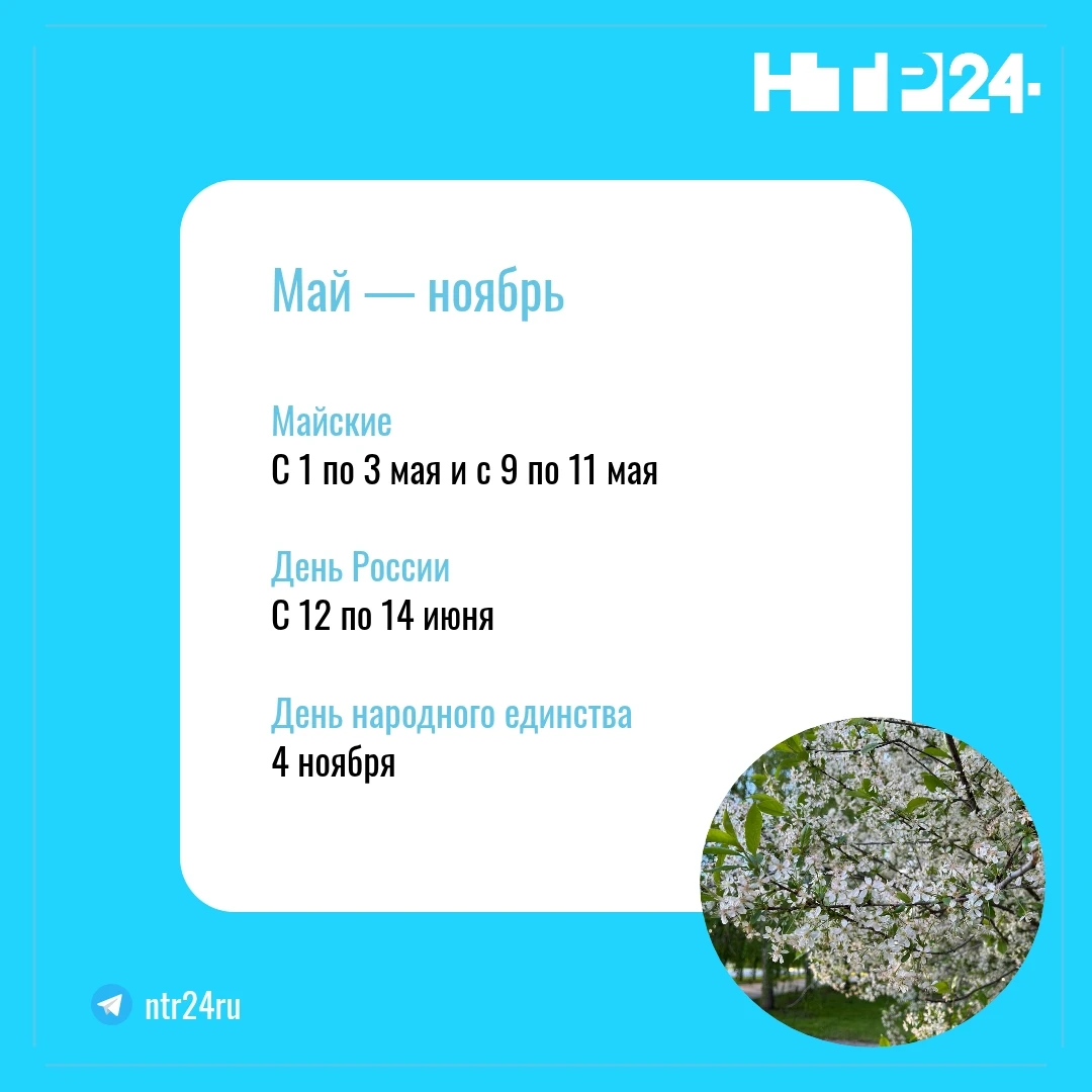 Майские - с 1-го по 3-е мая и с 9-го по 11-е мая. День России - с 12-го по 14-е июня. День народного единства - 4-го ноября