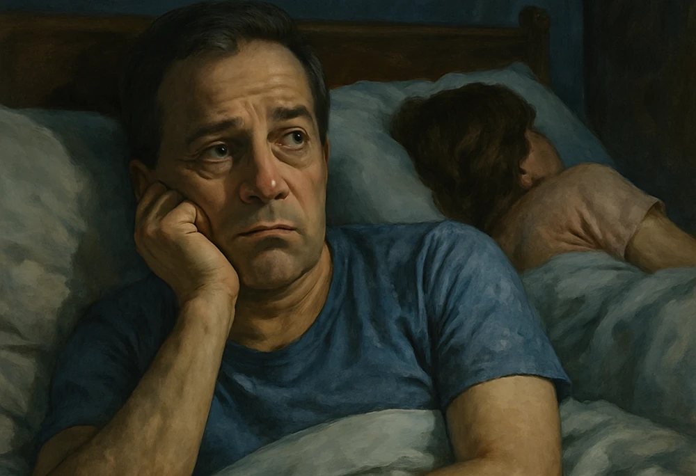 мужчина лежит в постели рядом с женой и страдает бессоницей