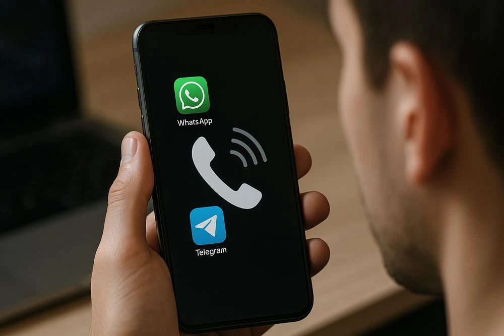 вызов на телефон, на экране значки whatsapp и telegram