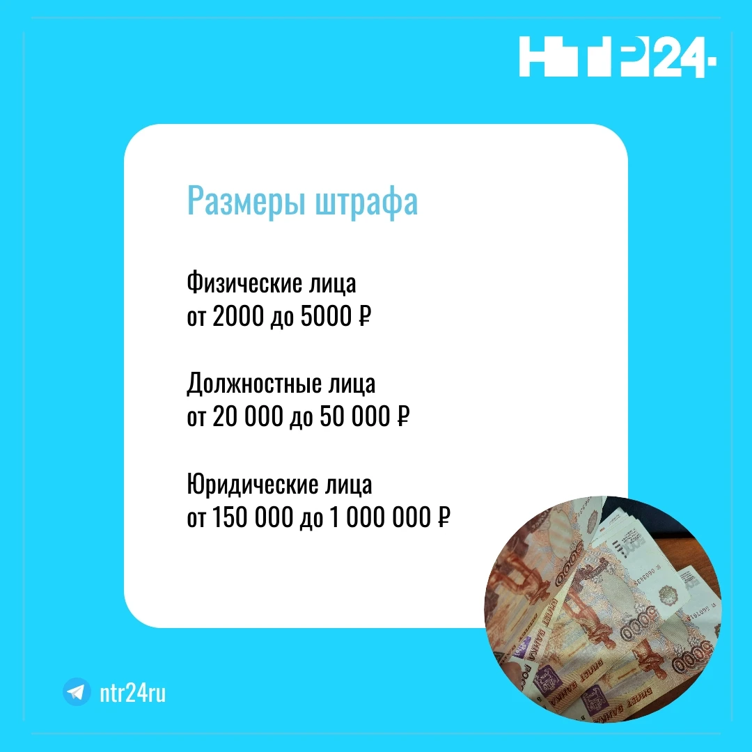Размеры штрафа: Физические лица - от двух до пяти тысяч рублей; Должностные лица - от двадцати до пятидесяти тысяч рублей; Юридические лица - от ста пятидесяти тысяч до одного миллиона рублей