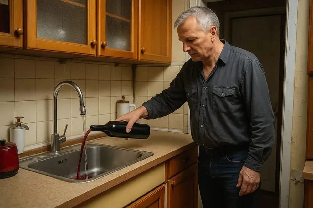 мужчина выливает вино в раковину