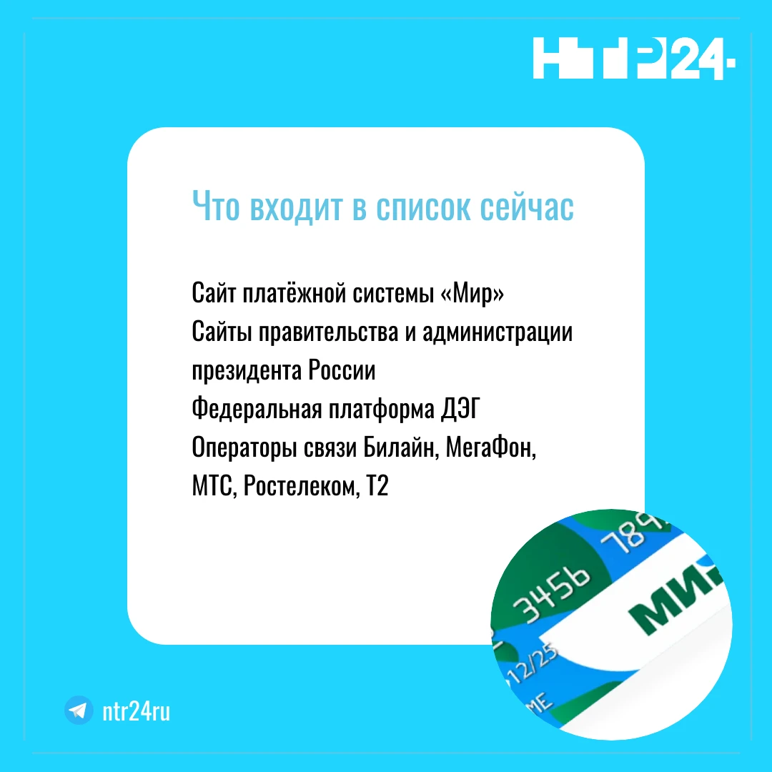 Сайт платёжной системы «Мир», сайты правительства и администрации президента России, федеральная платформа ДЭГ, операторы связи Билайн, МегаФон, МТС, Ростелеком, T2