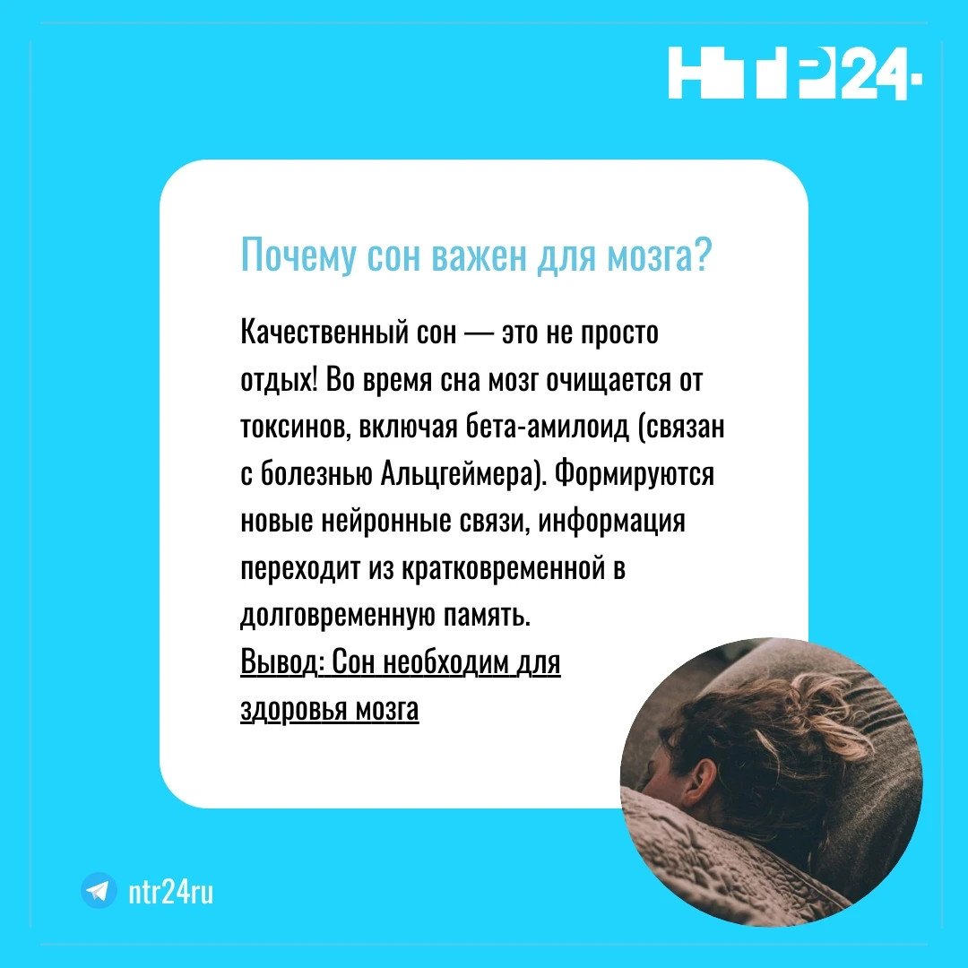 Качественный сон — это не просто отдых! Во время сна мозг очищается от токсинов, включая бета-амилоид (связан с болезнью Альцгеймера). Формируются новые нейронные связи, информация переходит из кратковременной в долговременную память. Вывод: Сон необходим для  здоровья мозга