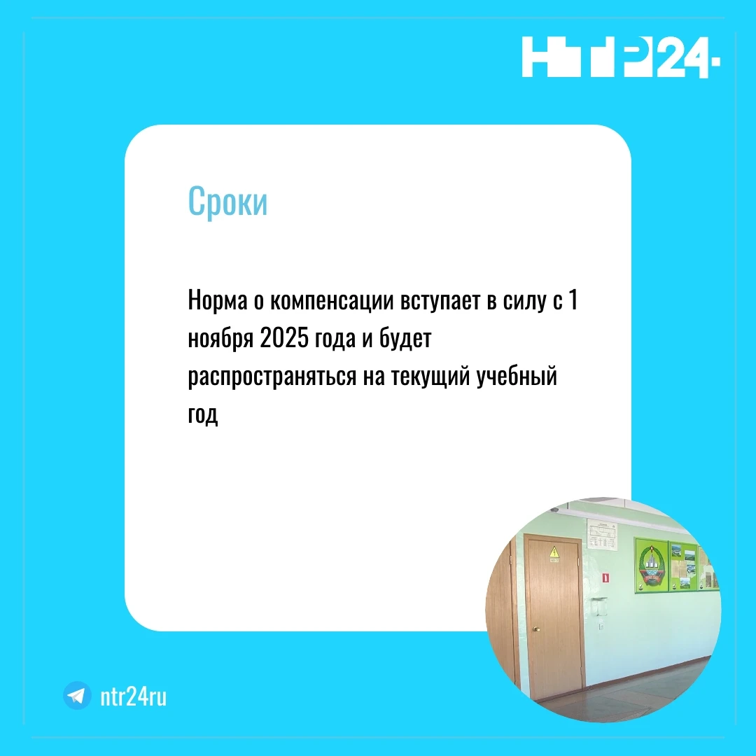 Норма о компенсации вступает в силу с первого ноября две тысячи двадцать пятого года и будет распространяться на текущий учебный год