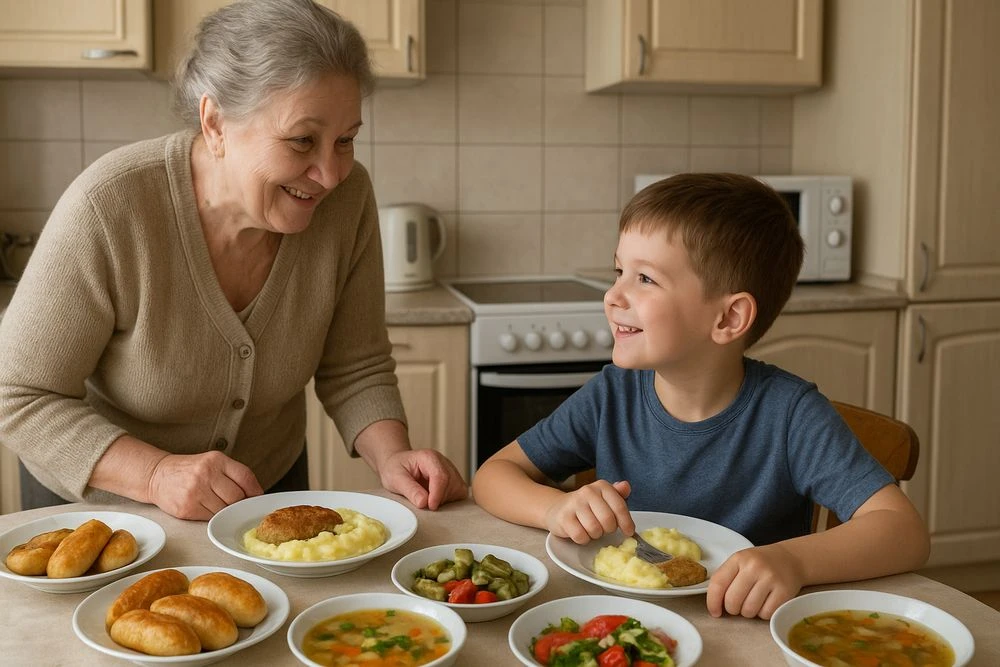 бабушка кормит внука
