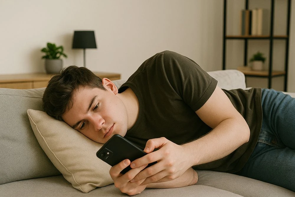 парень лежит на диване и смотрит в смартфон