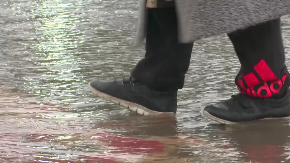 Человек идёт по луже