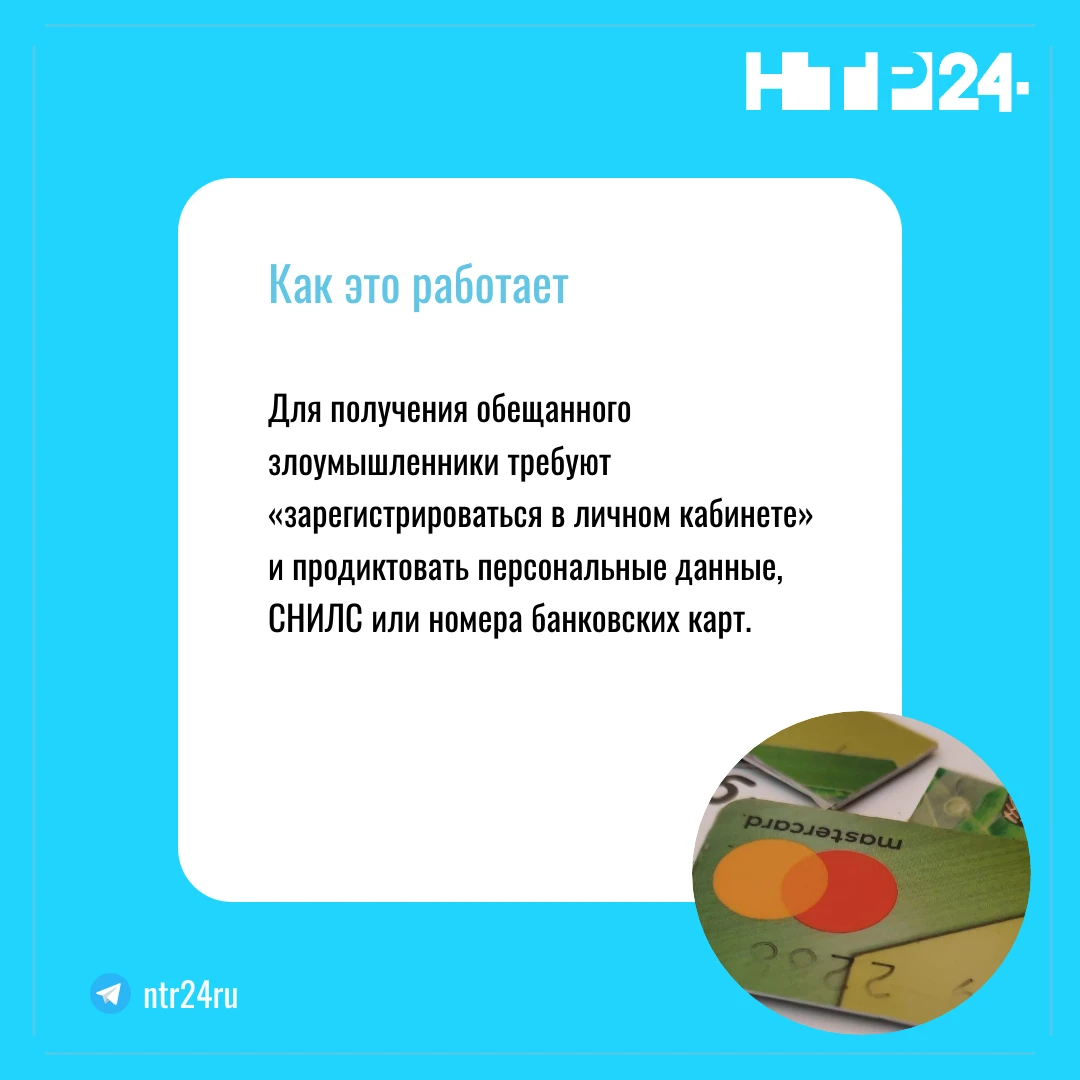 Для получения обещанного злоумышленники требуют «зарегистрироваться в личном кабинете» и продиктовать персональные данные, СНИЛС или номера банковских карт