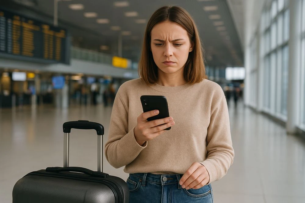девушка в аэропорту со смартфоном