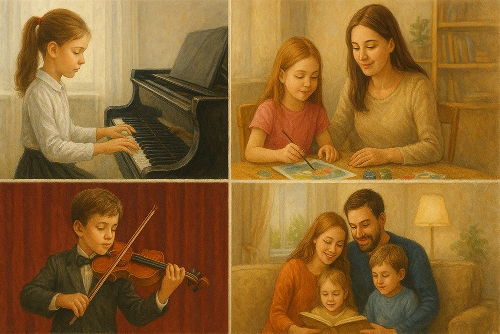девочка играет на пианино, мальчик - на скрипке, мама с дочкой рисуют, семья проводит вечер вместе