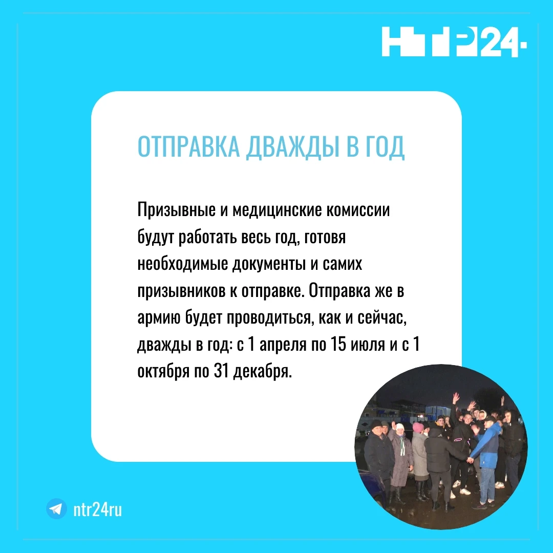 Призывные и медицинские комиссии будут работать весь год, готовя необходимые документы и самих призывников к отправке. Отправка же в армию будет проводиться, как и сейчас, дважды в год: с первого апреля по пятнадцатое июля и с первого октября по тридцать первое декабря