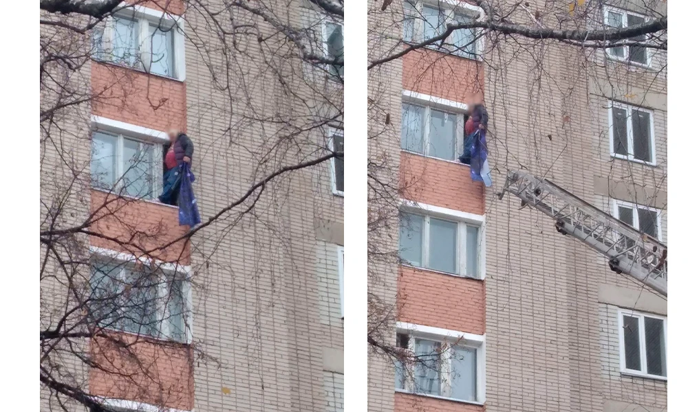 мужчина стоит на карнизе в Нижнекамске на 30 лет Победы