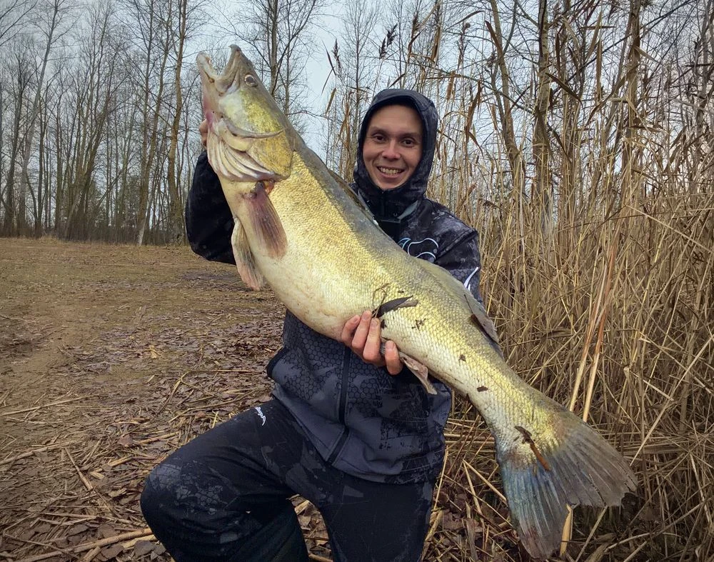 рыбак со своим уловом судак