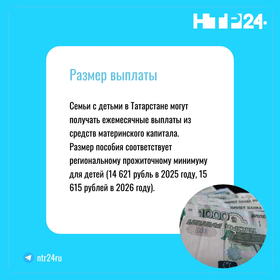 Семьи с детьми в Татарстане могут получать ежемесячные выплаты из средств материнского капитала. Размер пособия соответствует региональному прожиточному минимуму для детей (четырнадцать тысяч шестьсот двадцать один рубль в две тысячи двадцать пятом году, пятнадцать тысяч шестьсот пятнадцать рублей в две тысячи двадцать шестом году)