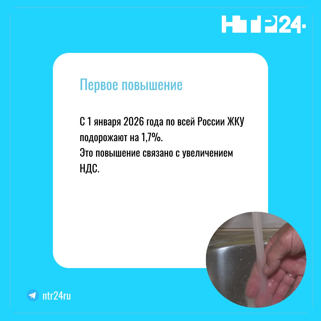 С первого января две тысячи двадцать шестого года по всей России ЖКУ подорожают на одну целую семь десятых процента. Это повышение связано с увеличением эн дэ эс