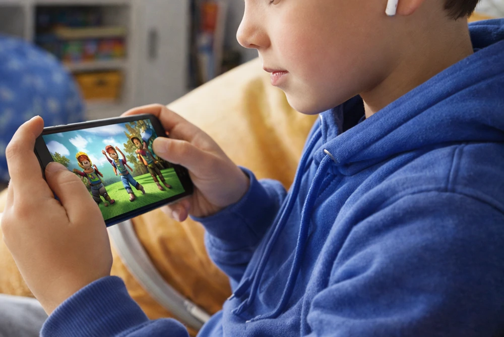 ребенок играет в игру на смартфоне