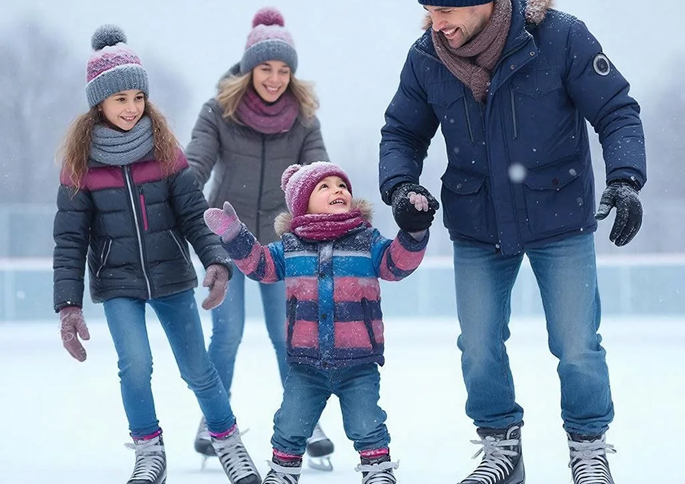 Счастливая семья с двумя детьми на катке