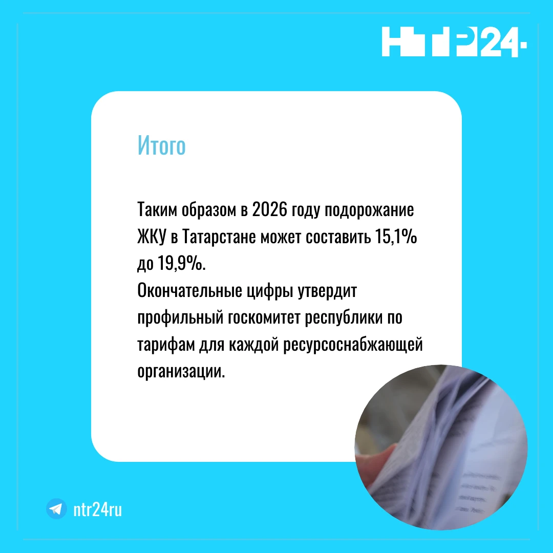 Таким образом в две тысячи двадцать шестом году подорожание ЖКУ в Татарстане может составить от пятнадцати целых одной десятой процента до девятнадцати целых девяти десятых процента. Окончательные цифры утвердит профильный госкомитет республики по тарифам для каждой ресурсоснабжающей организации