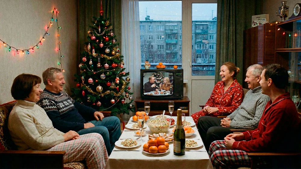 Семья перед телевизором в предновогодний вечер