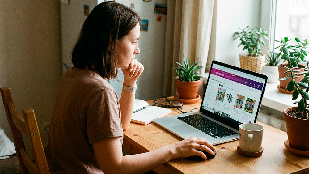 Женщина выбирает товары на маркетплейсе