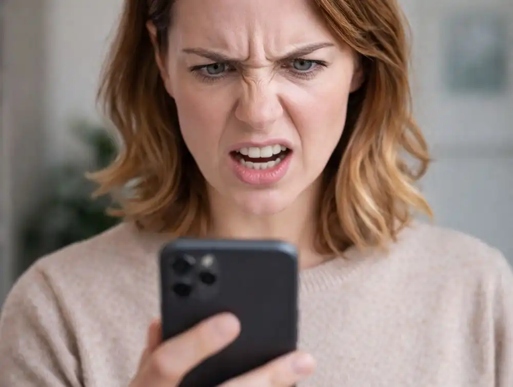 рассерженная женщина смотрит в телефон