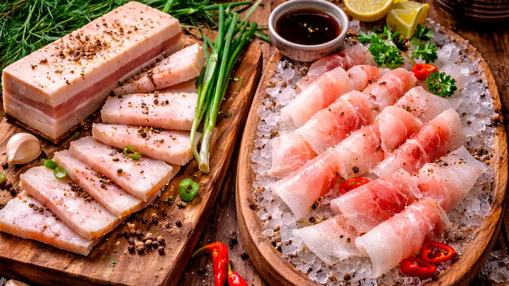 Сало и строганина на столе