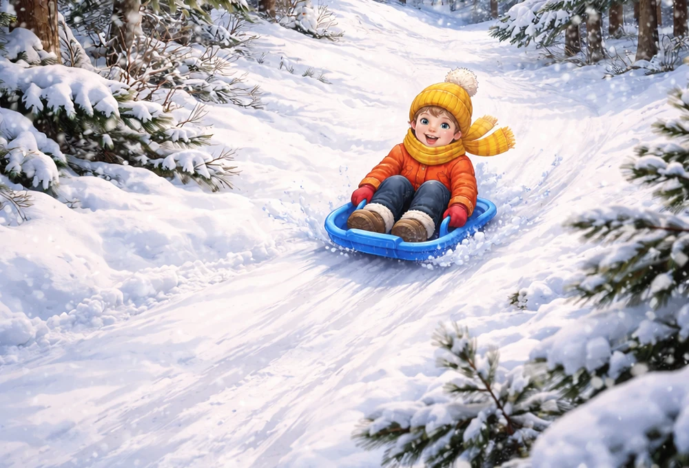 ребенок катается с горки на ледянках