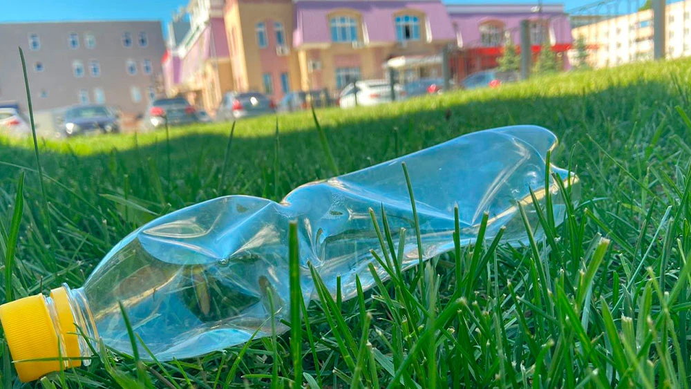 Бутылка на зелёной траве