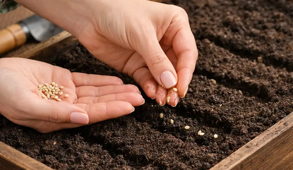 Женщина сеет семена на рассаду