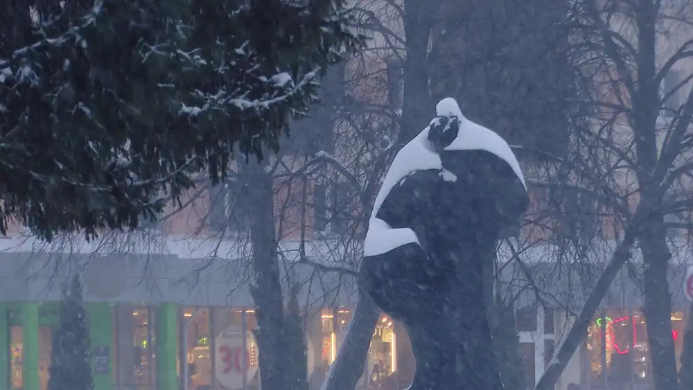 Памятник Пушкину в Нижнекамске на Школьном бульваре занесенный снегом