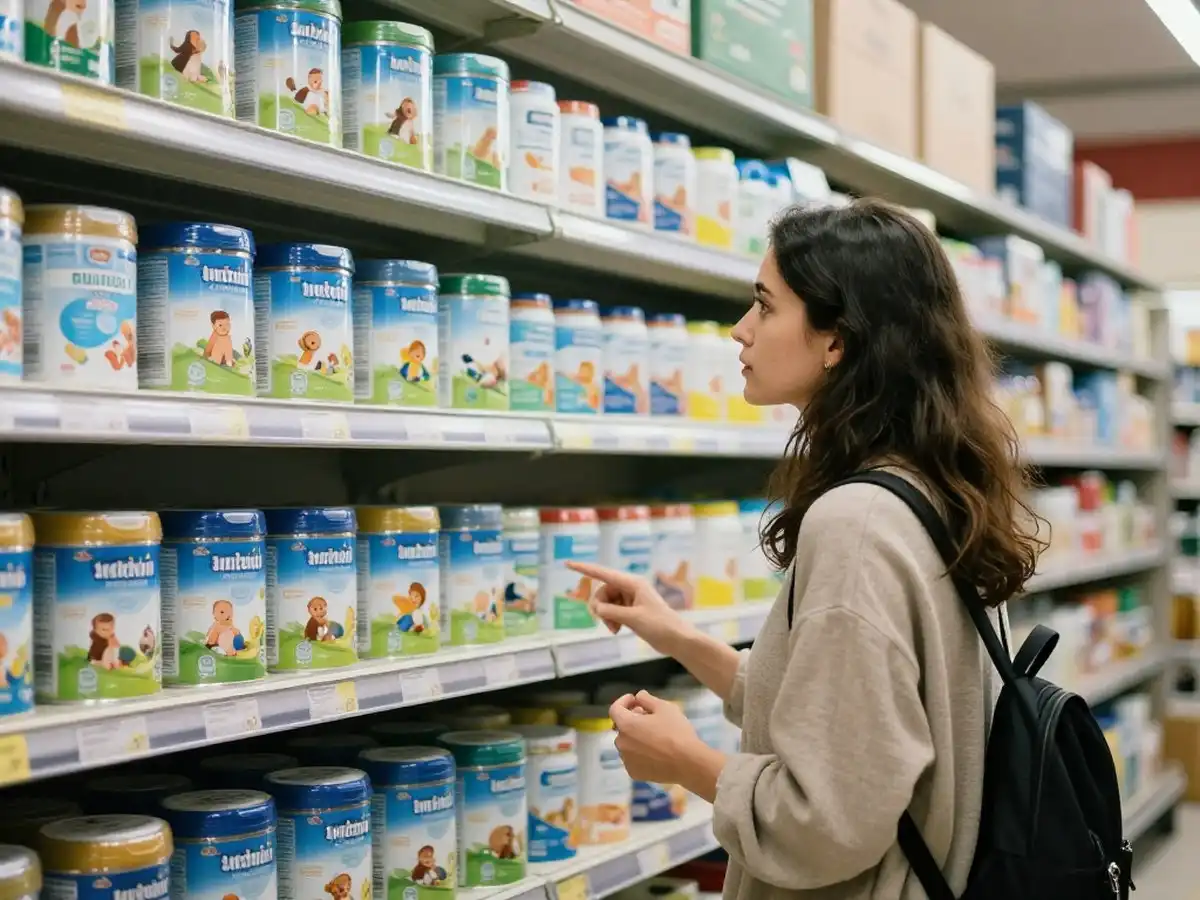 Женщина перед витриной детского питания