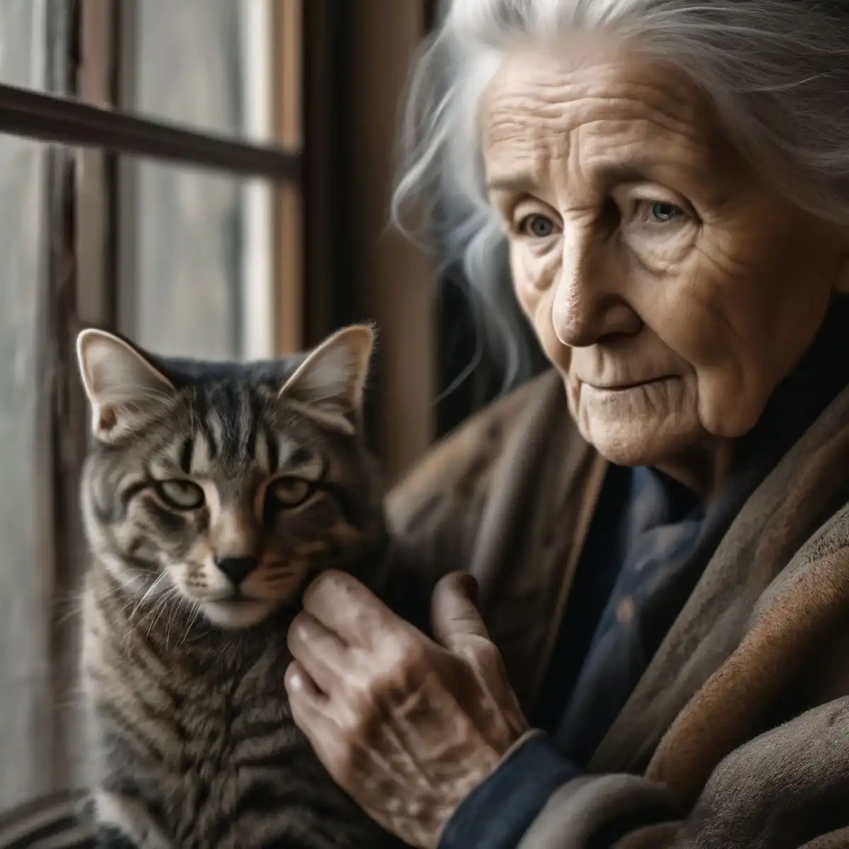 старушка с кошкой у окна
