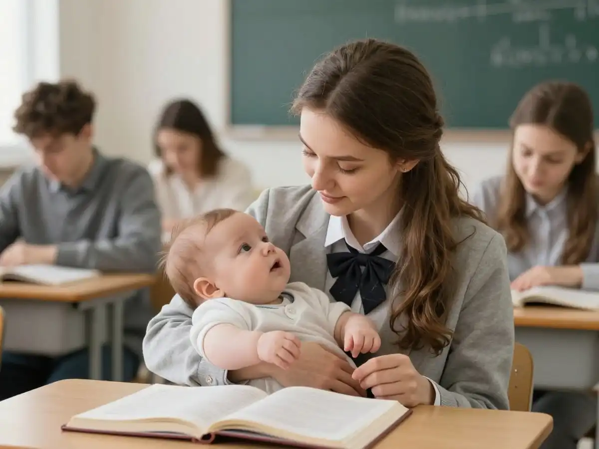 студентка с малышом на лекции