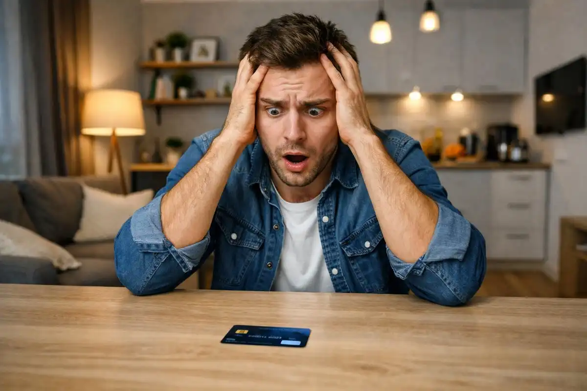 молодой мужчина в шоке смотрит на банковскую карту